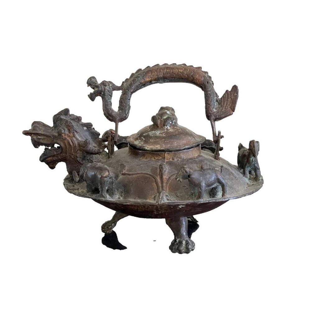 Antique Handmade Chinese Bronze Dragon Ornamental Ceremonial Teapot Kettle